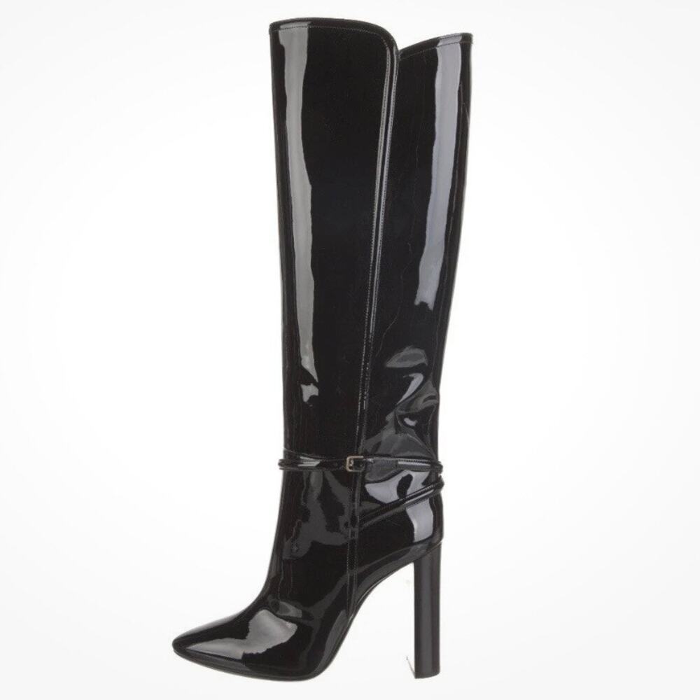 Saint Laurent Tall Knee-High Black Patent Leather Boots 40